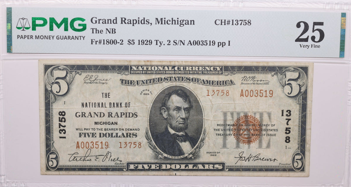 1929 $5, Grand Rapids, Michigan, National Currency, CH#13758. PMG VF-25, Store#NBN052