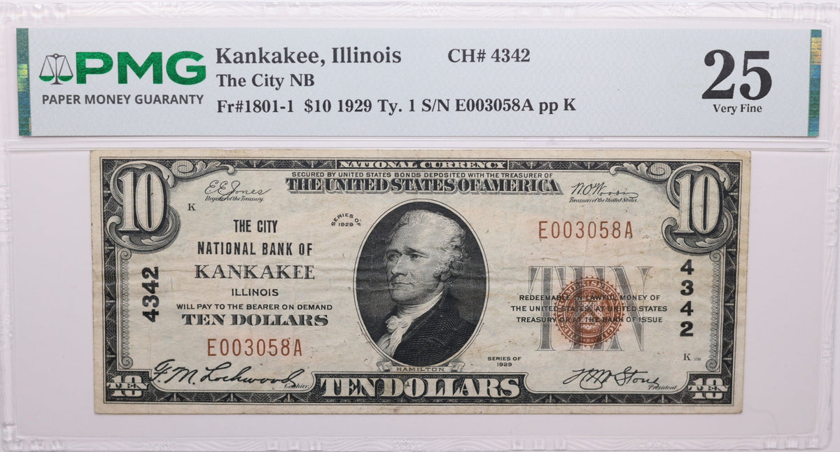 1929 $10, Kankakee, Illinois, National Currency, CH#4342. PMG VF-25, Store#NBN053