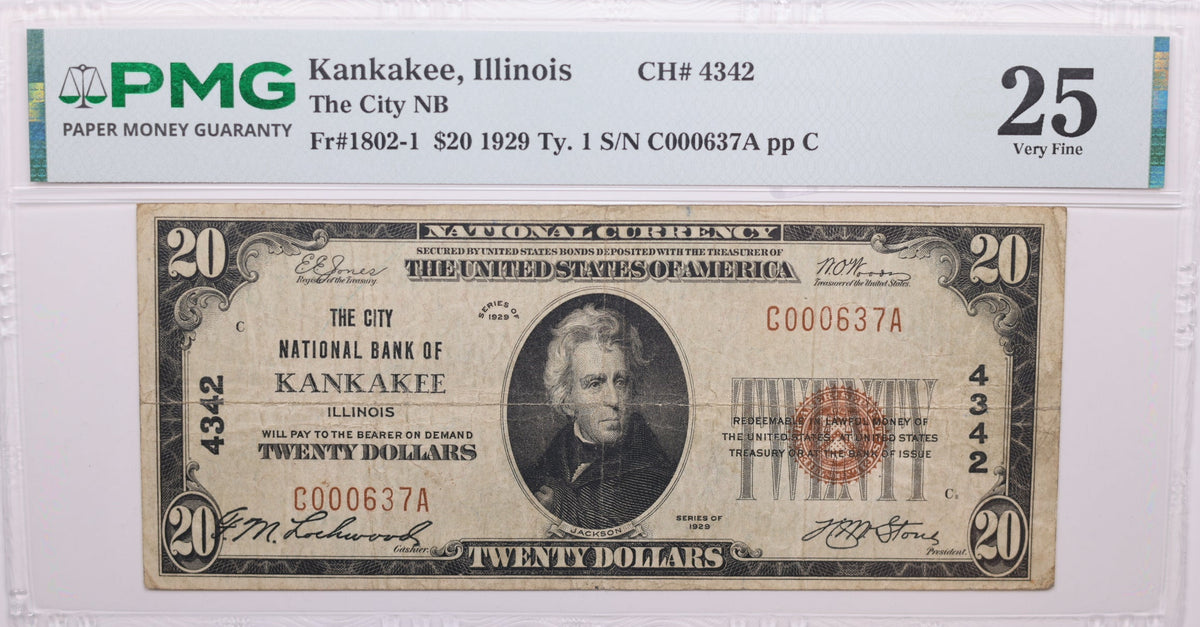 1929 $20, Kankakee, Illinois, National Currency, CH#4342. PMG VF-25, Store#NBN054