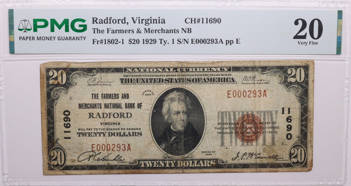 1929 $20, Radford, Virginia, National Currency, CH#11690. PMG VF-20, Store#NBN055