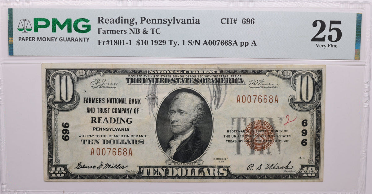 1929 $10, Reading, Pennsylvania, National Currency, CH# 696. PMG VF-25, Store#NBN056