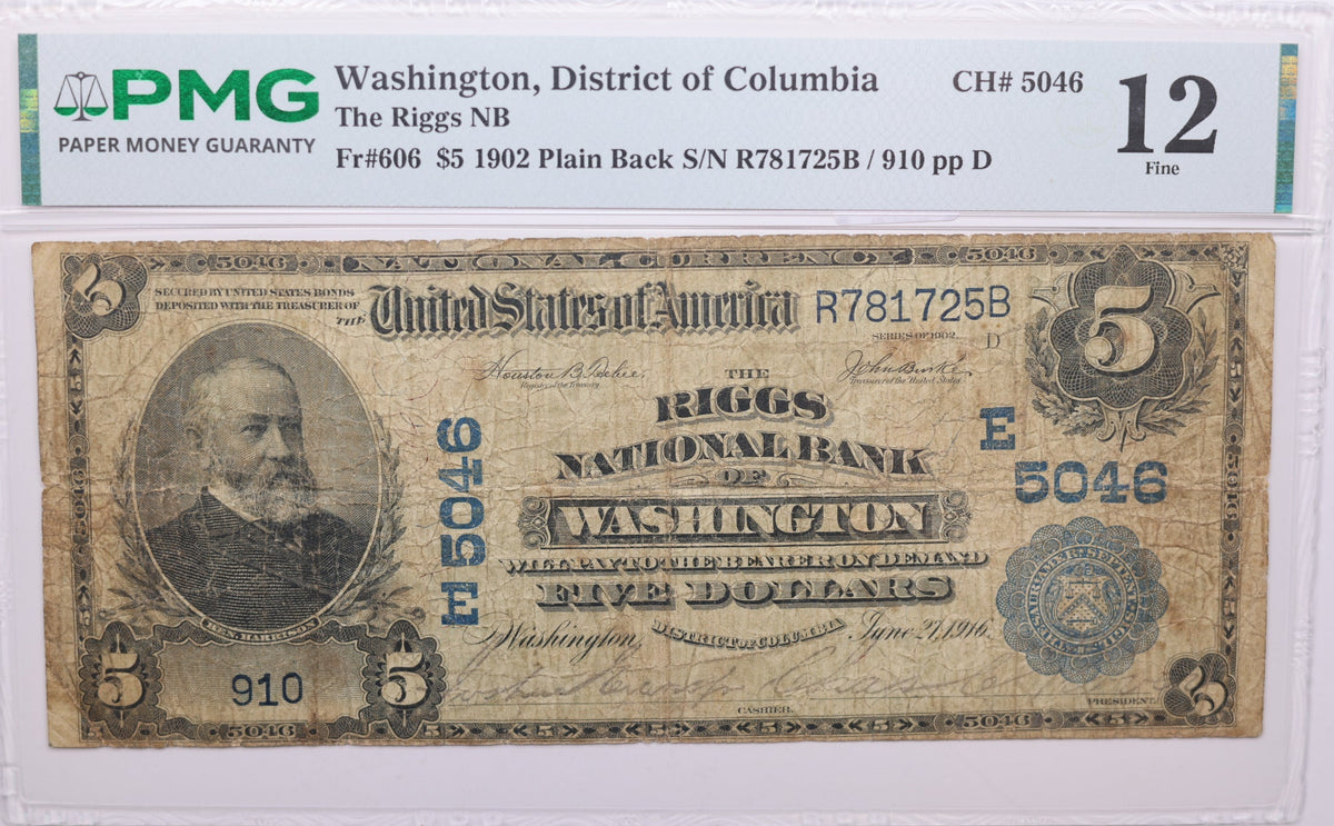 1902 $5, Washington, District of Columbia, National Currency, CH# 5046. PMG F-12, Store#NBN059