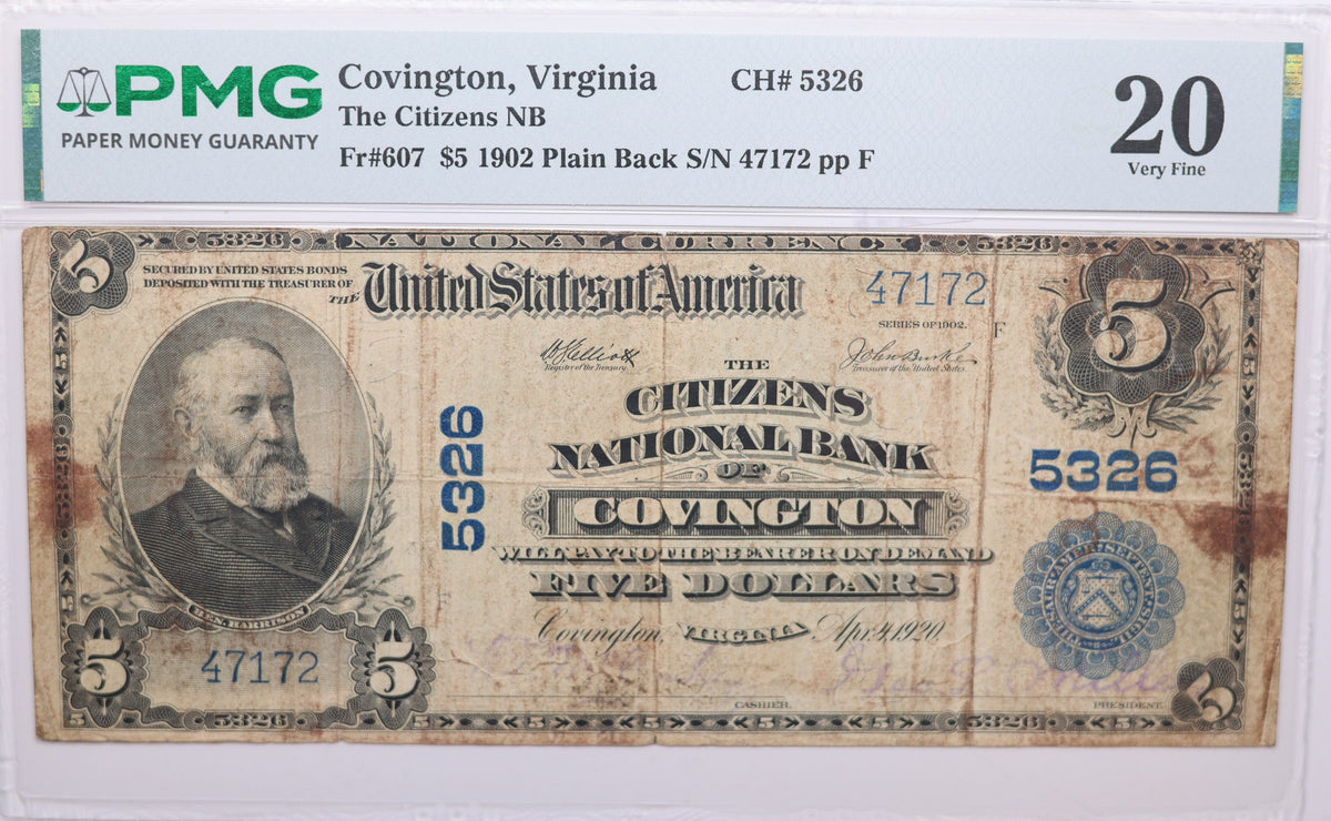1902 $5, Covington, Virginia, National Currency, CH# 5326. PMG VF-20, Store#NBN060