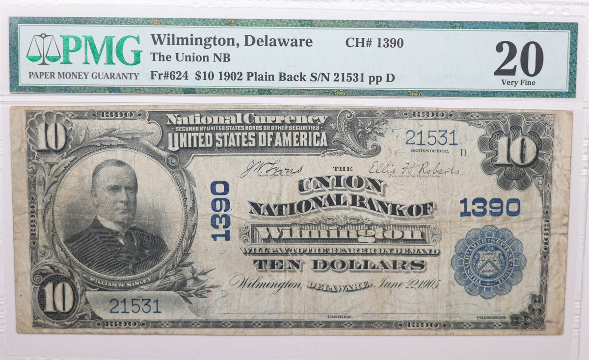 1902 $10, Wilmington, Delaware, National Currency, CH# 1390. PMG VF-20, Store#NBN062