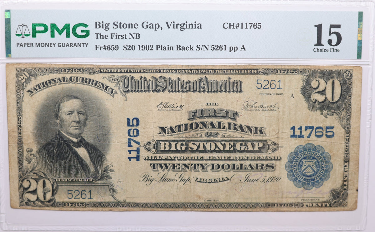 1902 $20, Big Stone Gap, Virginia, National Currency, CH# 11765. PMG Choice F-15, Store#NBN063