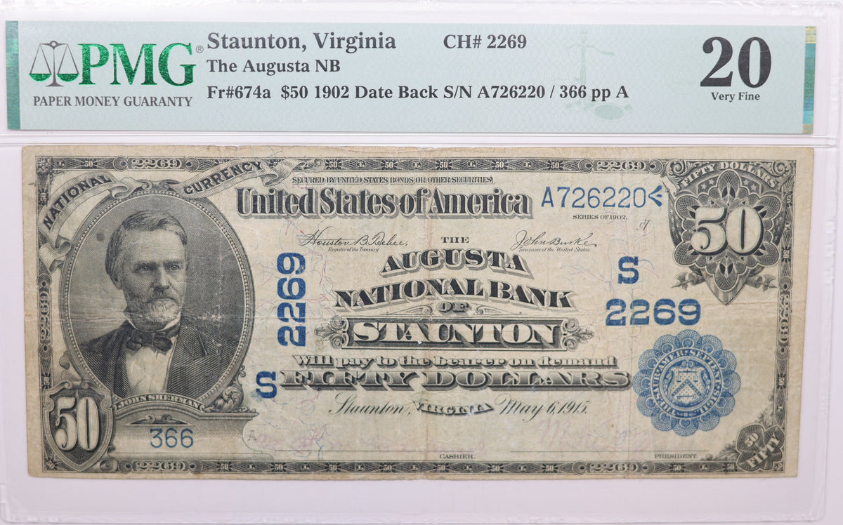 1902 $50, Staunton, Virginia, National Currency, CH# 2269. PMG VF-20, Store#NBN064
