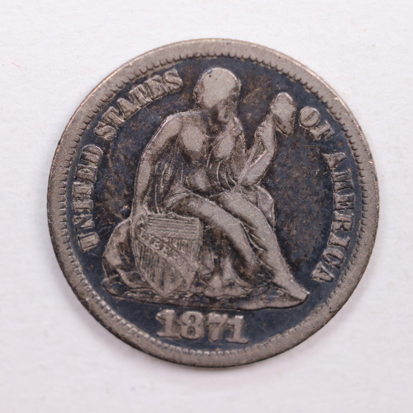 1871 Seated Liberty Dime., Very Fine Circulated Coin., Store Sale #DE0350.