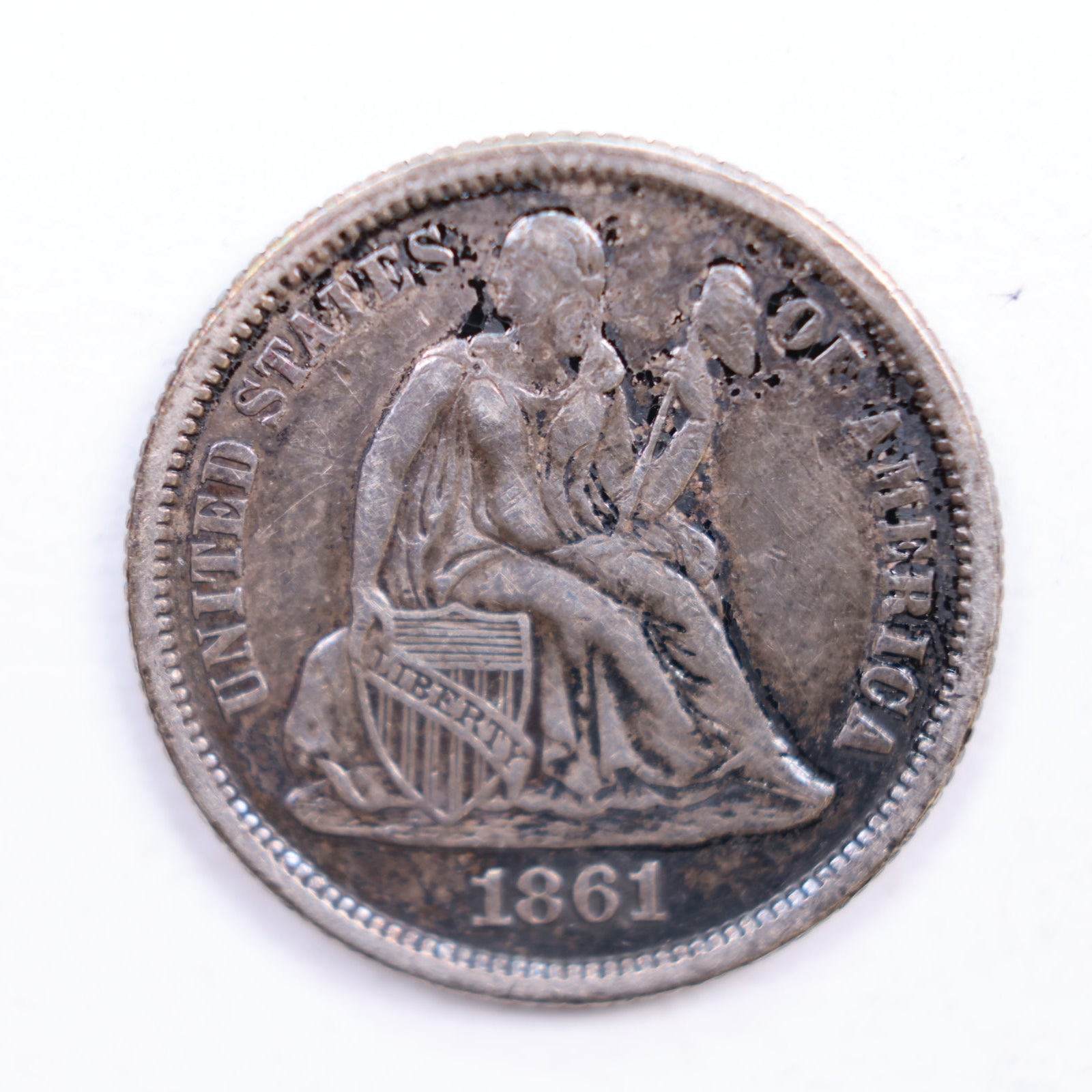 1861 Seated Liberty Dime., About Uncirculated Coin., Store Sale #DE0356.