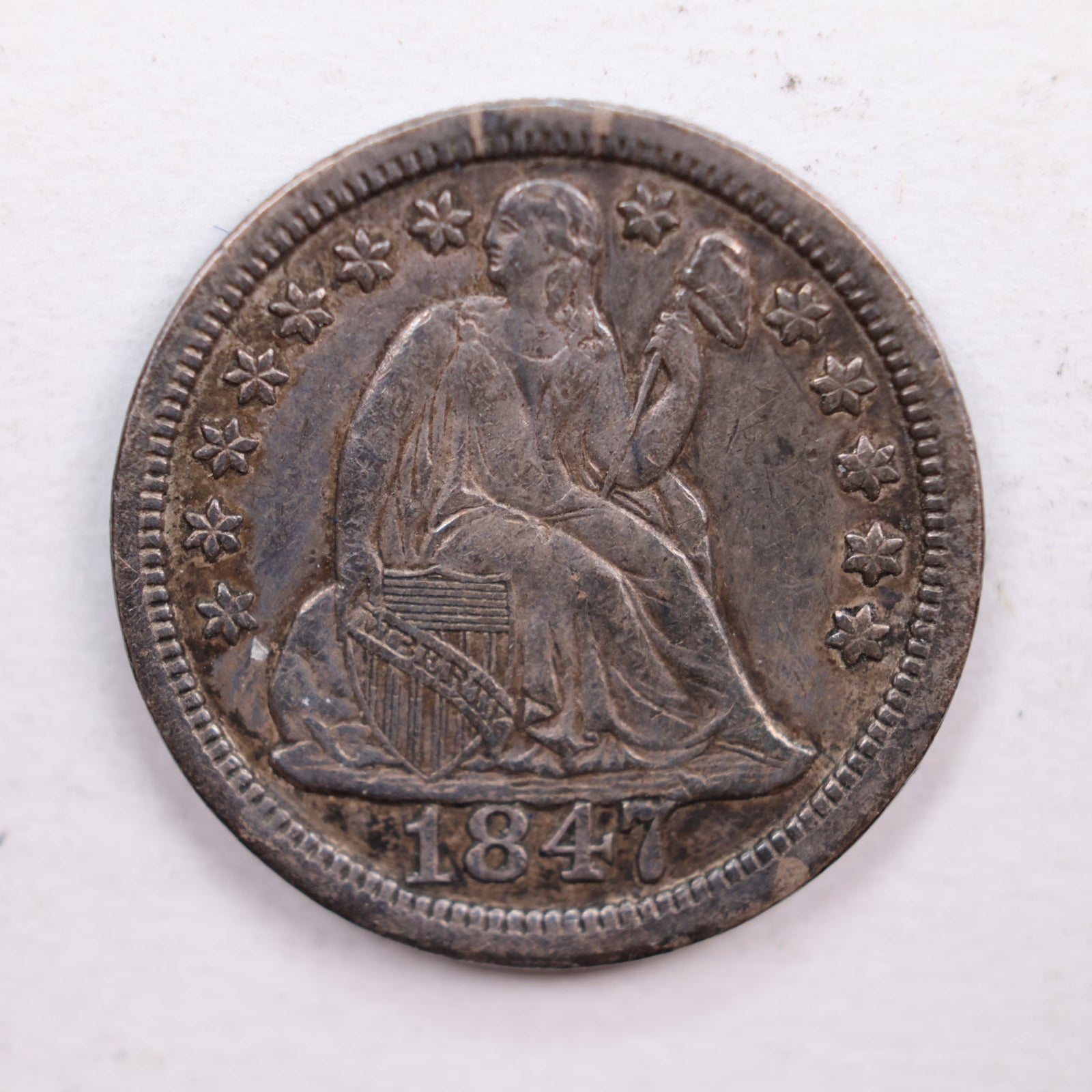 1847 Seated Liberty Dime., About Uncirculated Coin., Store Sale #DE0361.