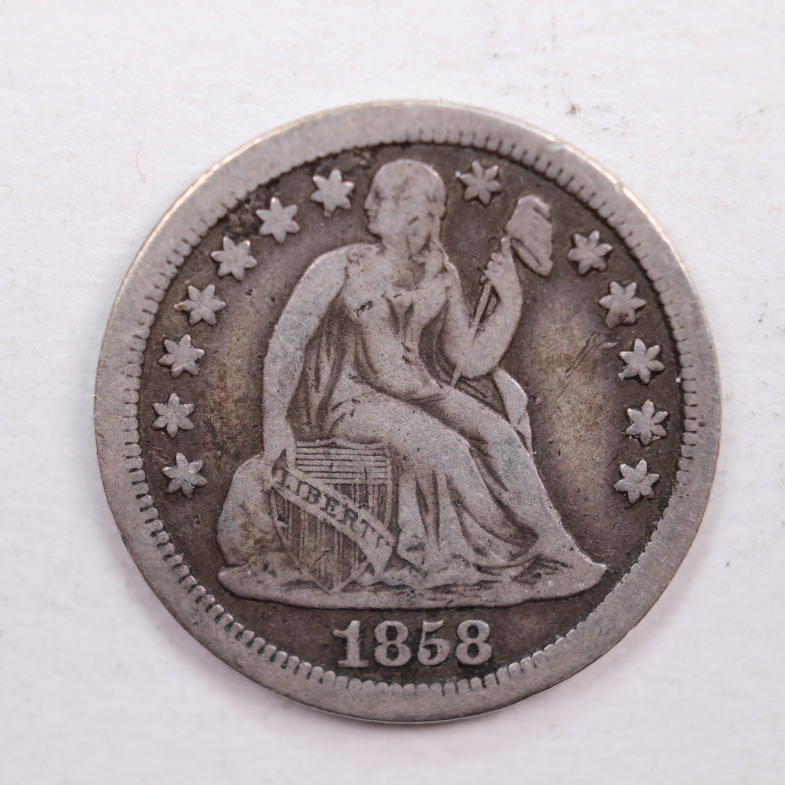 1858-S Seated Liberty Dime., Very Fine Circulated Coin., Store Sale #DE0362.