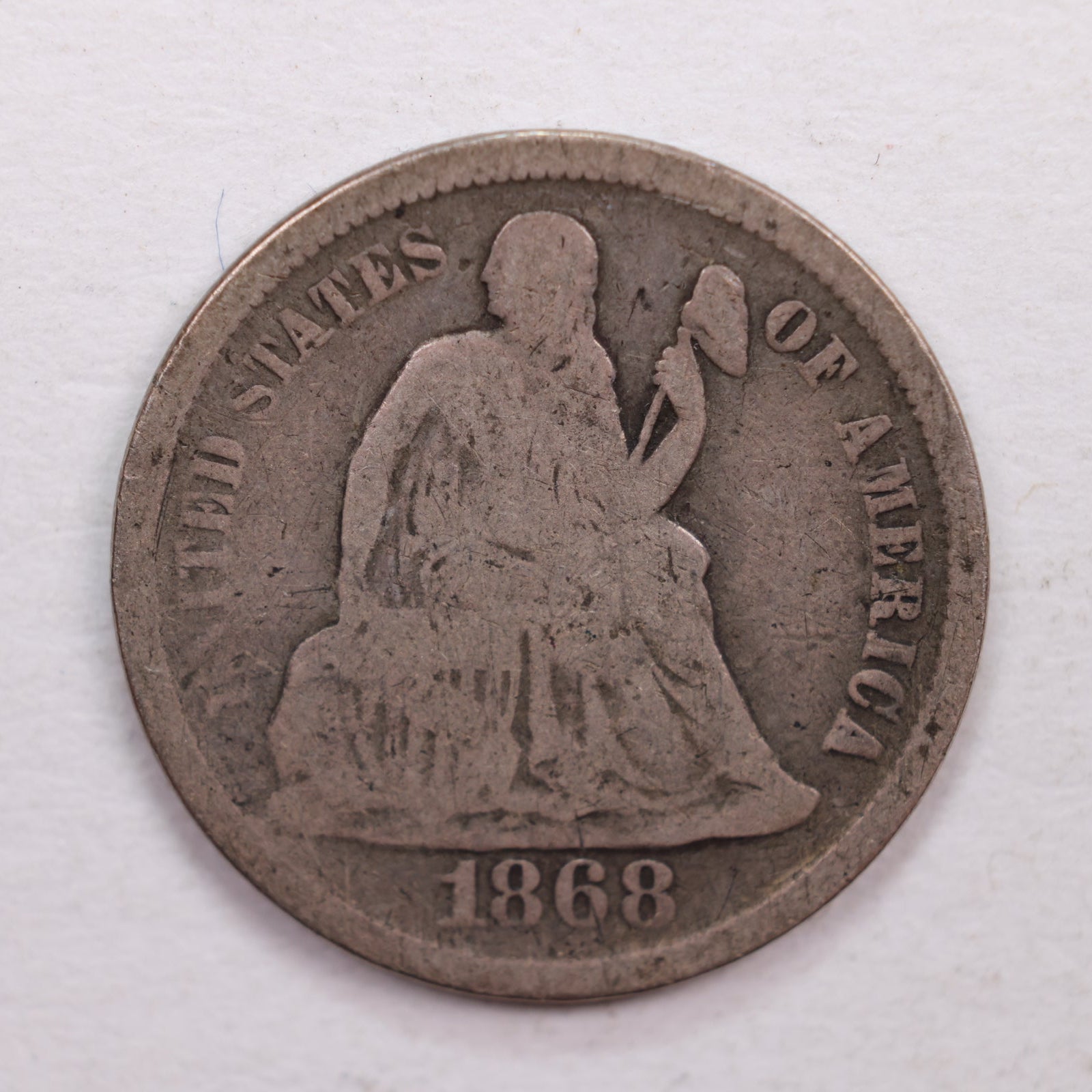 1868-S Seated Liberty Dime., Very Good Circulated Coin., Store Sale #DE0367.