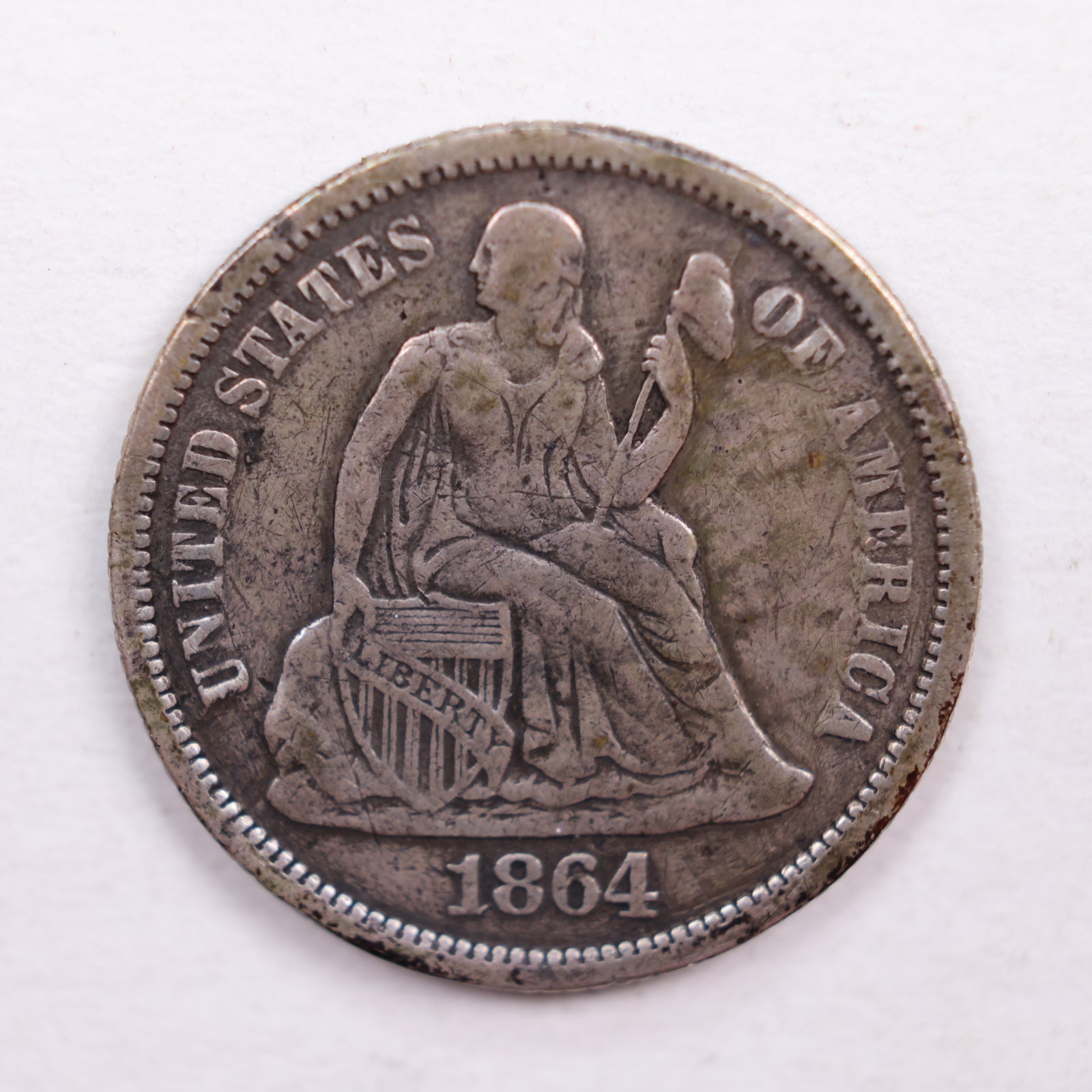 1864 Seated Liberty Dime., Very Fine Circulated Coin., Store Sale #DE0369.