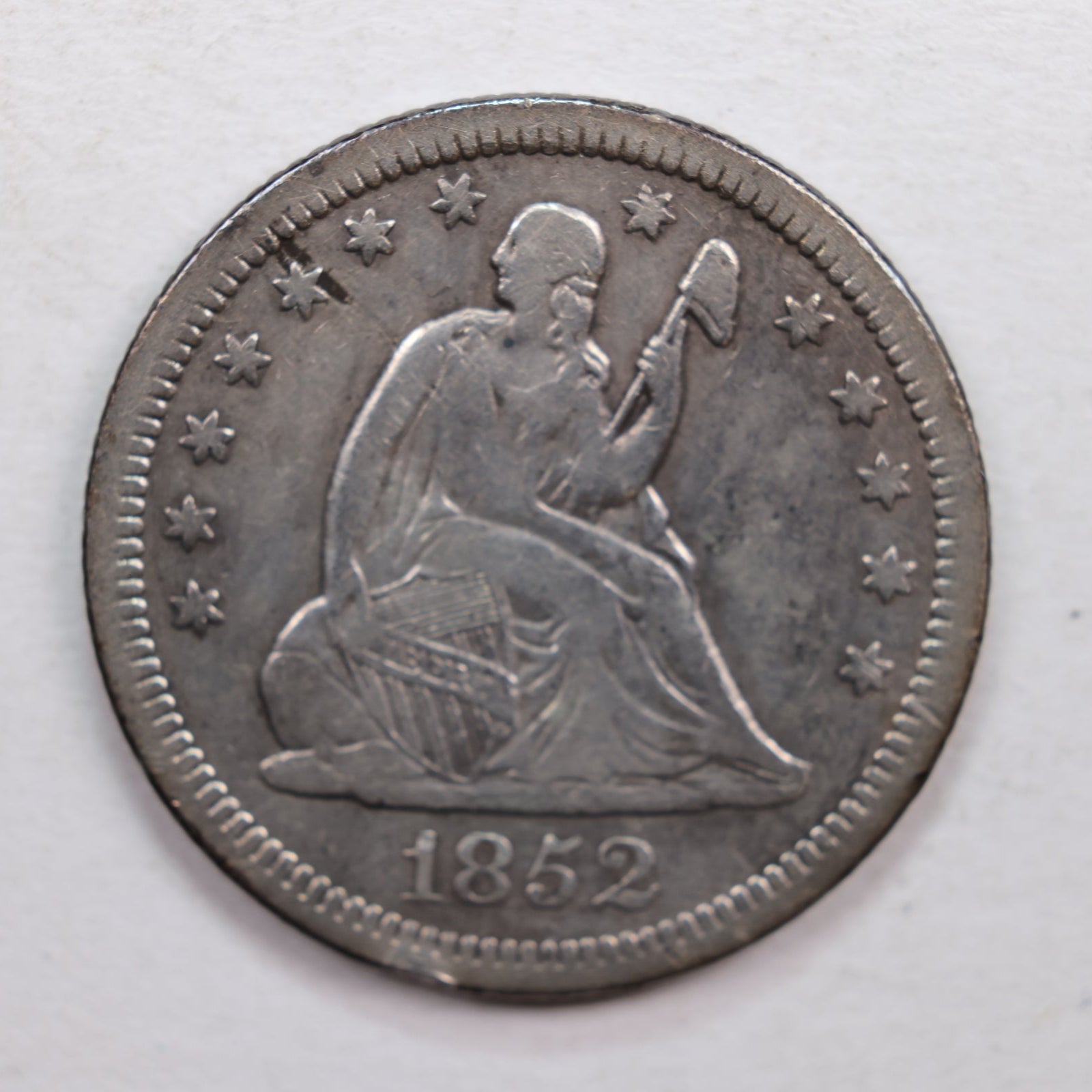 1852 Seated Liberty Quarter., Very Fine Circulated Silver Coin., Store #QR523.