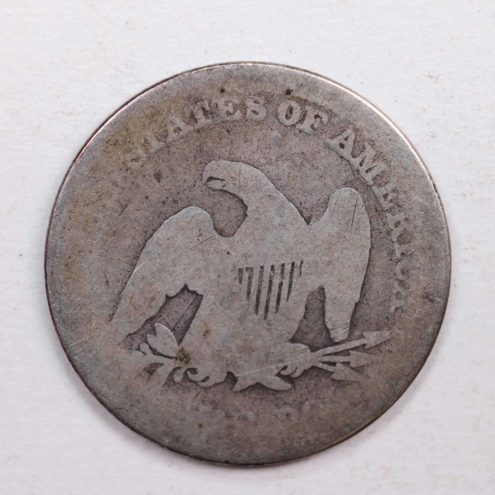 1858 Seated Liberty Quarter., About Good Circulated Silver Coin., Store #QR532.