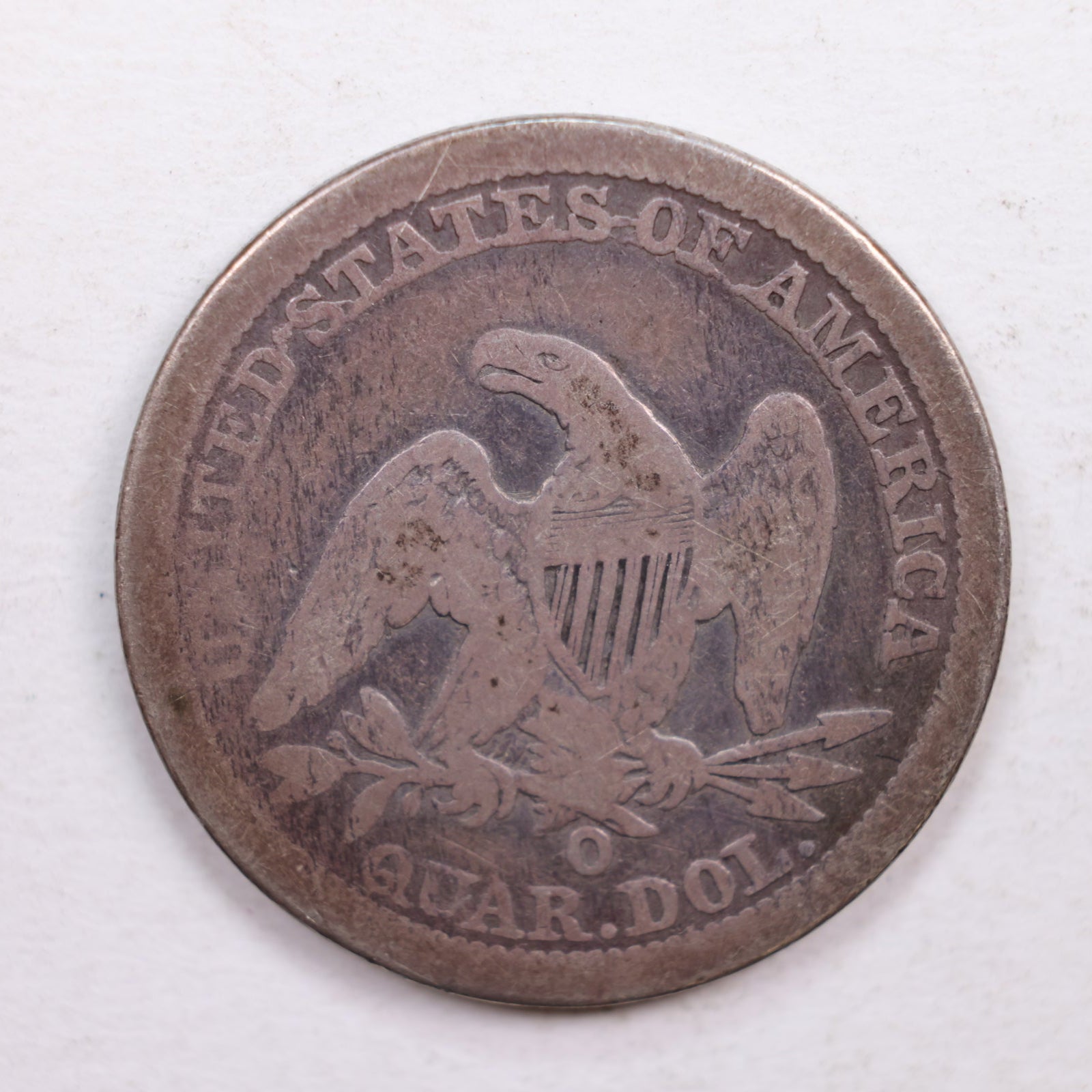 1844-O Seated Liberty Quarter., About Good Circulated Silver Coin., Store #QR533.
