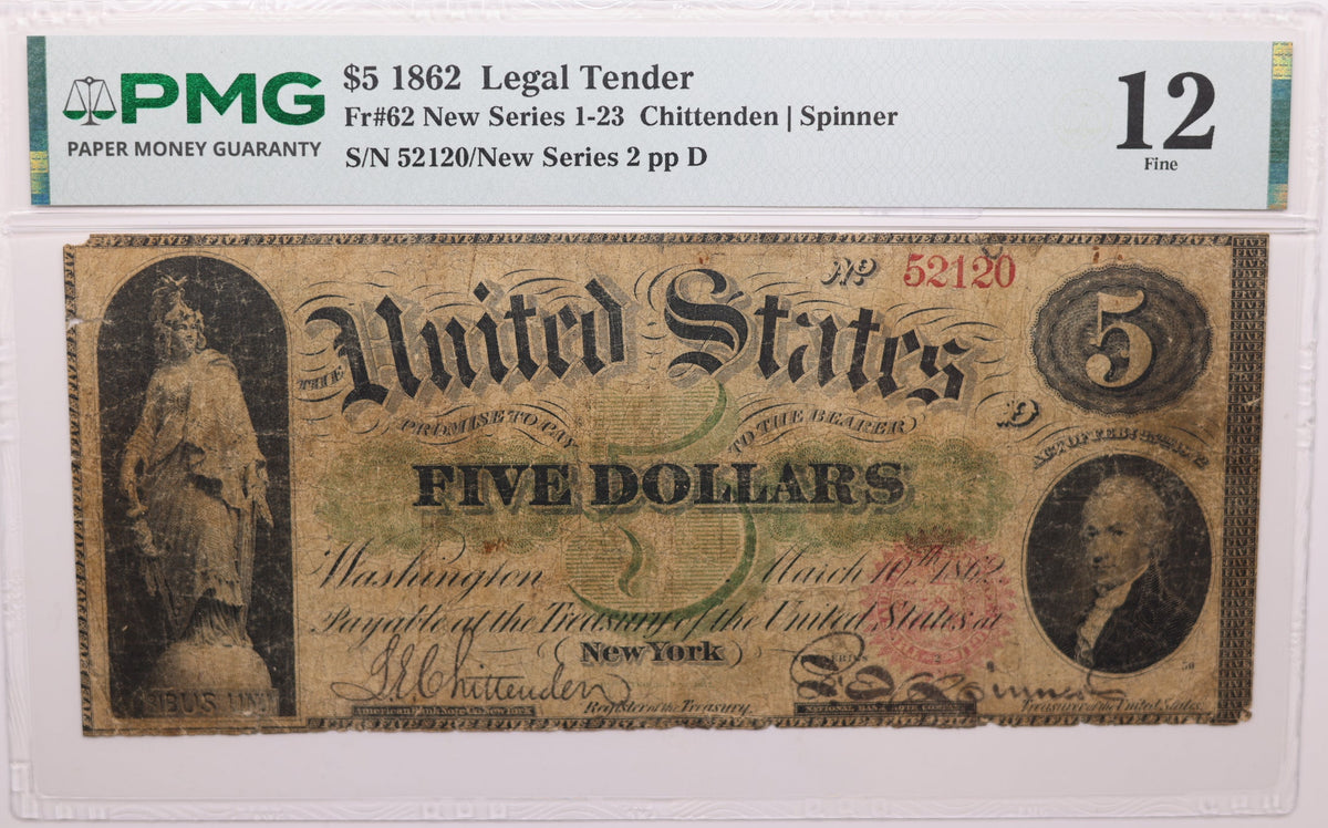 1862 $5, Legal Tender Note, Fr#62 New Series 1-23, PMG F-12, Store #GLT011