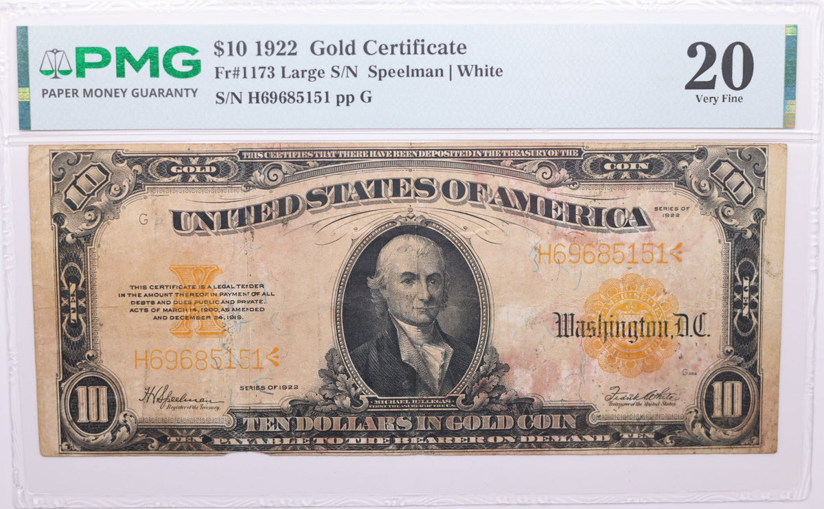 1922 $10 Gold Certificate, FR#1173 (Large S/N), PMG Very Fine-20, Store Sale #GCE008