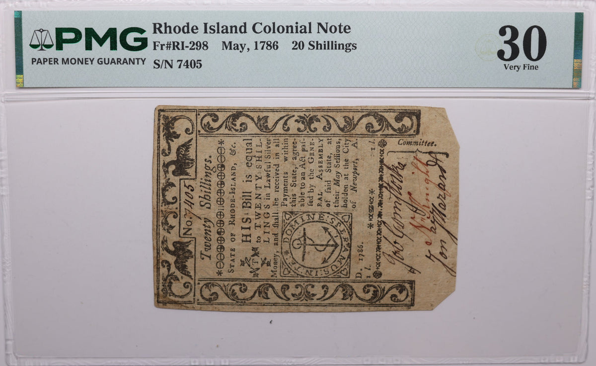 May 1786, 20 Shillings. Rhode Island, Colonial Note, Fr#RI-298, PMG VF30, Store #GCY004