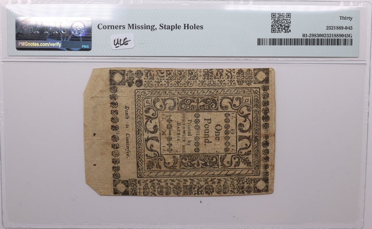 May 1786, 20 Shillings. Rhode Island, Colonial Note, Fr#RI-298, PMG VF30, Store #GCY004