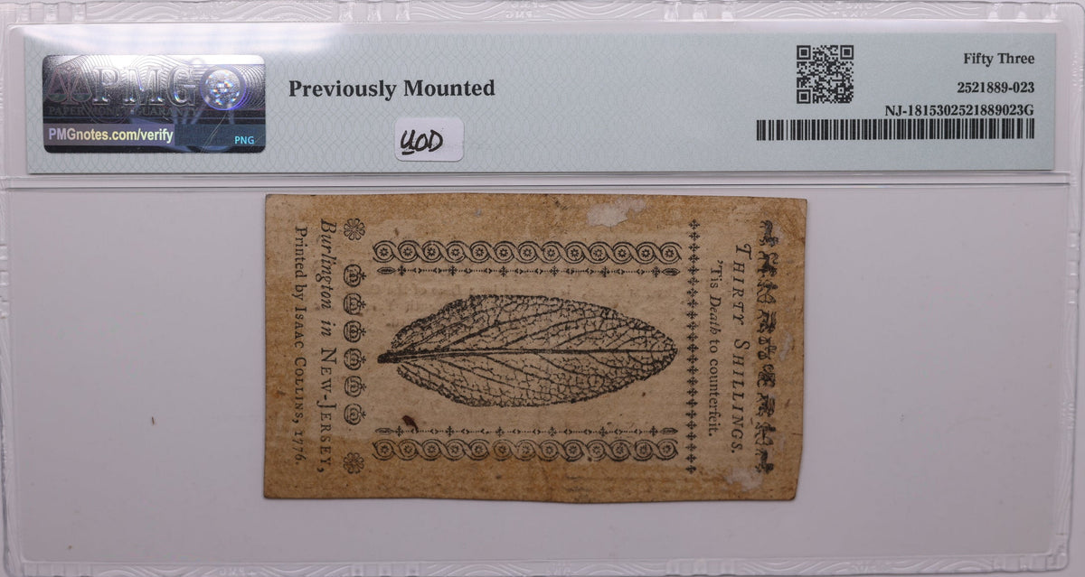 March 25, 1776, 30 Shillings. New Jersey, Colonial Note, Fr#NJ-181, PMG UNC-53, Store #GCY009