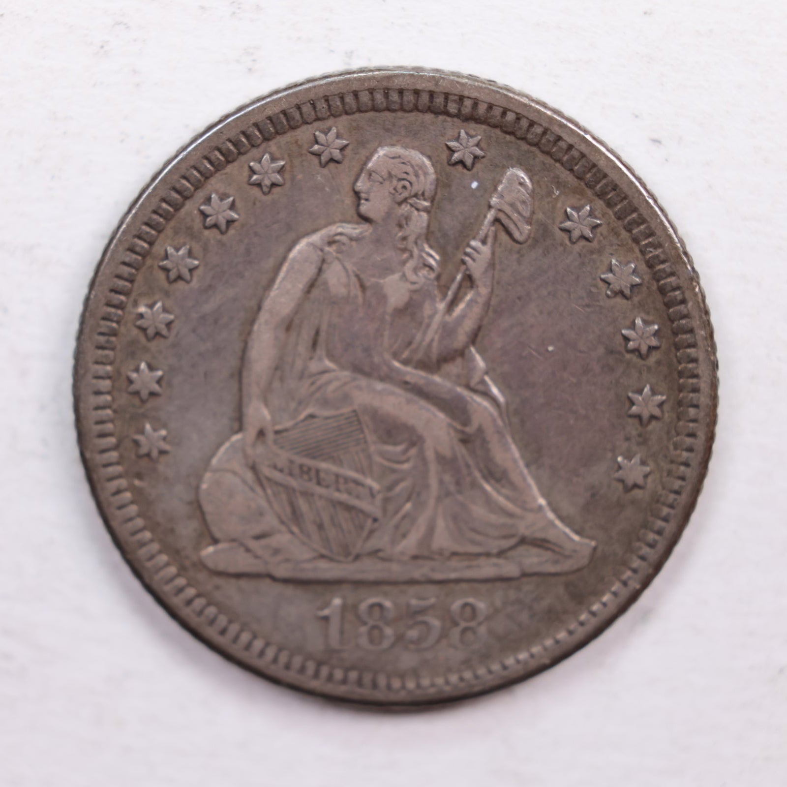 1858-O Seated Liberty Quarter., Extra Fine Circulated Coin., Store #QR551.
