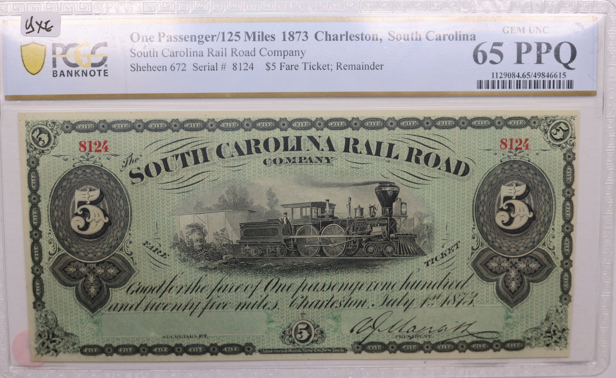 1873, $5 Fare Ticket, One Passenger/125 Miles, South Carolina, PCGS GEM UNC-65, Store #GSC003