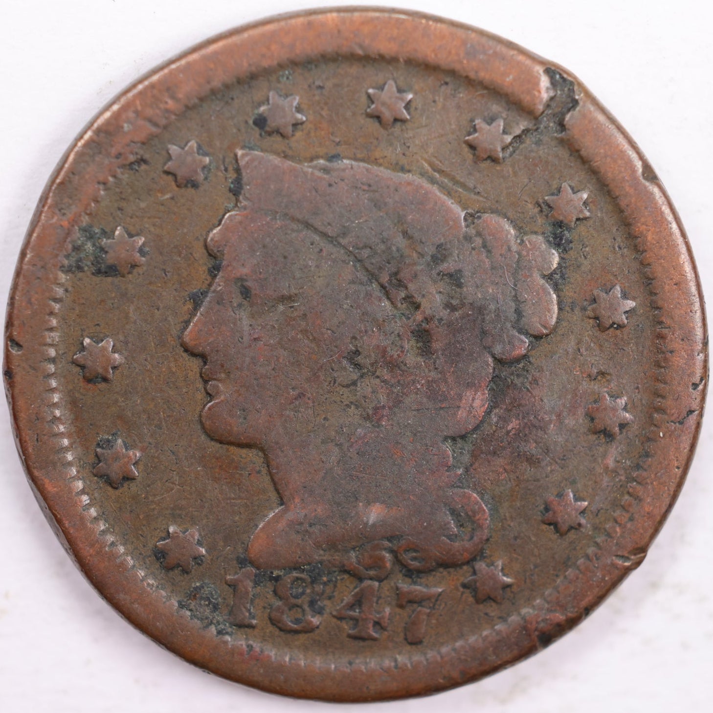 1847 Braided Hair Large Cent, Very Good Circulated Coin, Store #CT0043