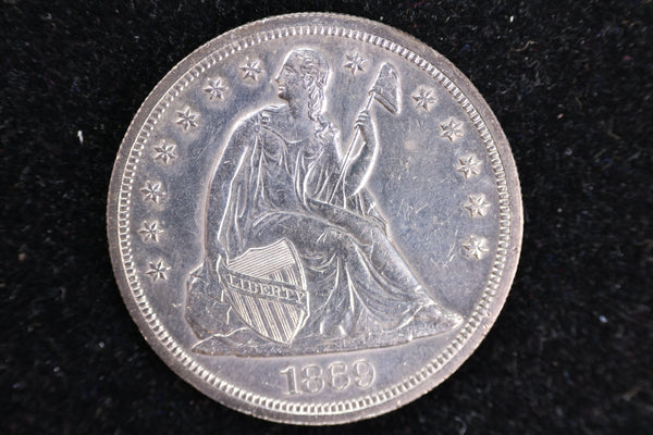 1869 Liberty Seated Silver Dollar, Cleaned yet Nice & Low Mintage- Store #23080411