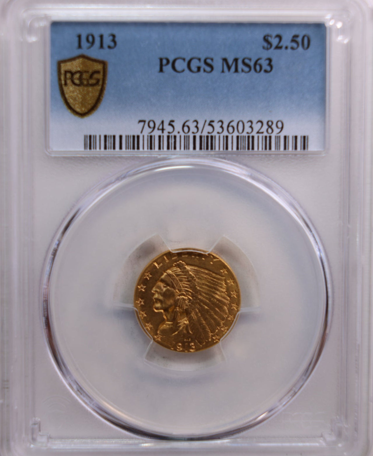 1913 $2.50 Indian Head Quarter Eagle Gold Coin, PCGS MS-63, Store Sale #G0055.