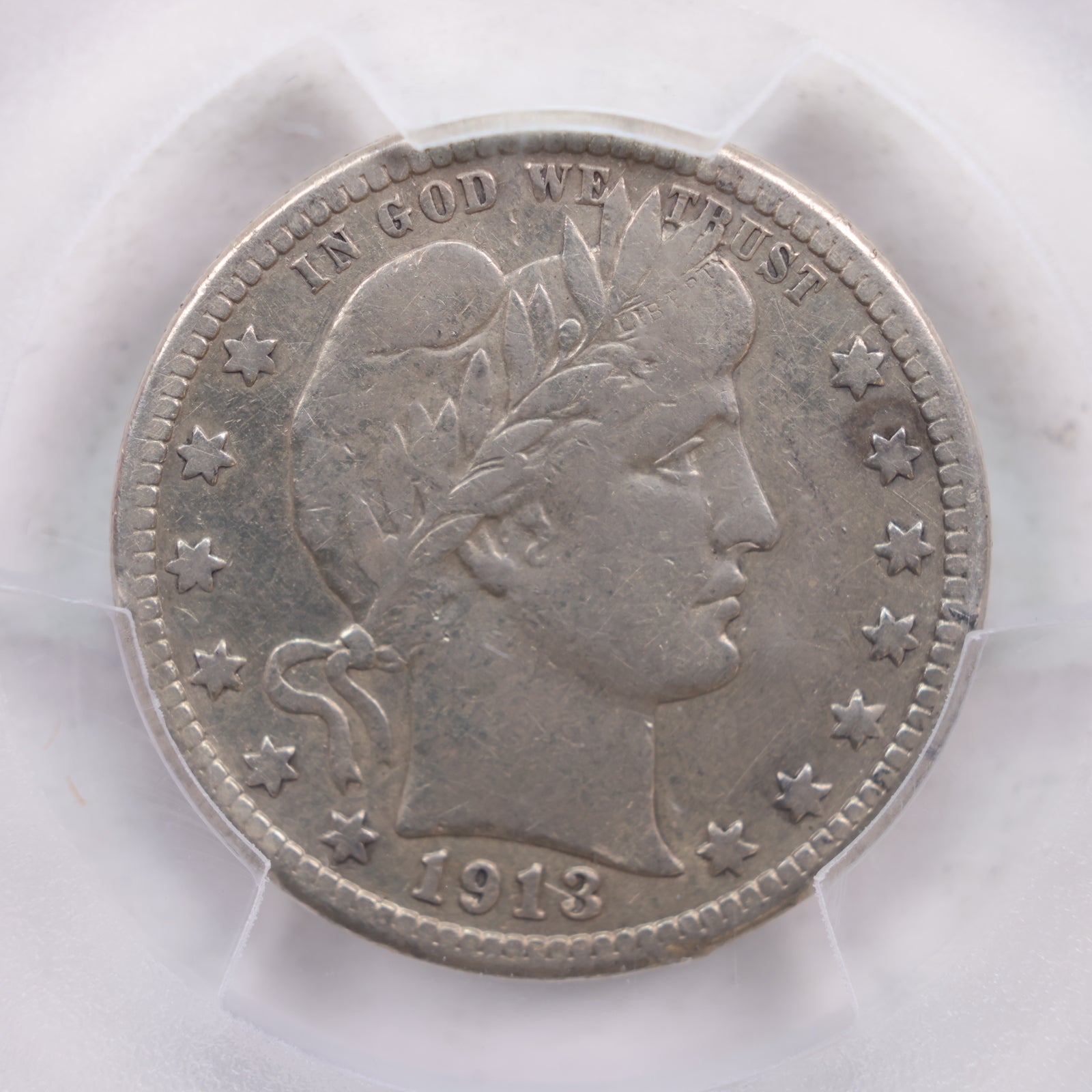 1913-S Barber Silver Quarter., 'Scarce'., PCGS V.F. Detail., Store #QR1447.