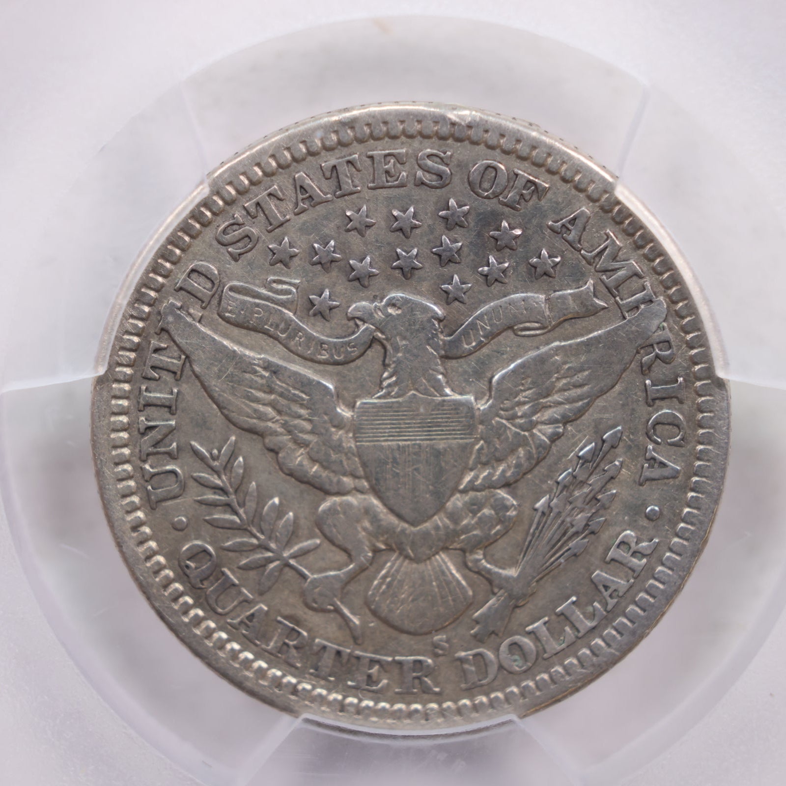 1913-S Barber Silver Quarter., 'Scarce'., PCGS V.F. Detail., Store #QR1447.