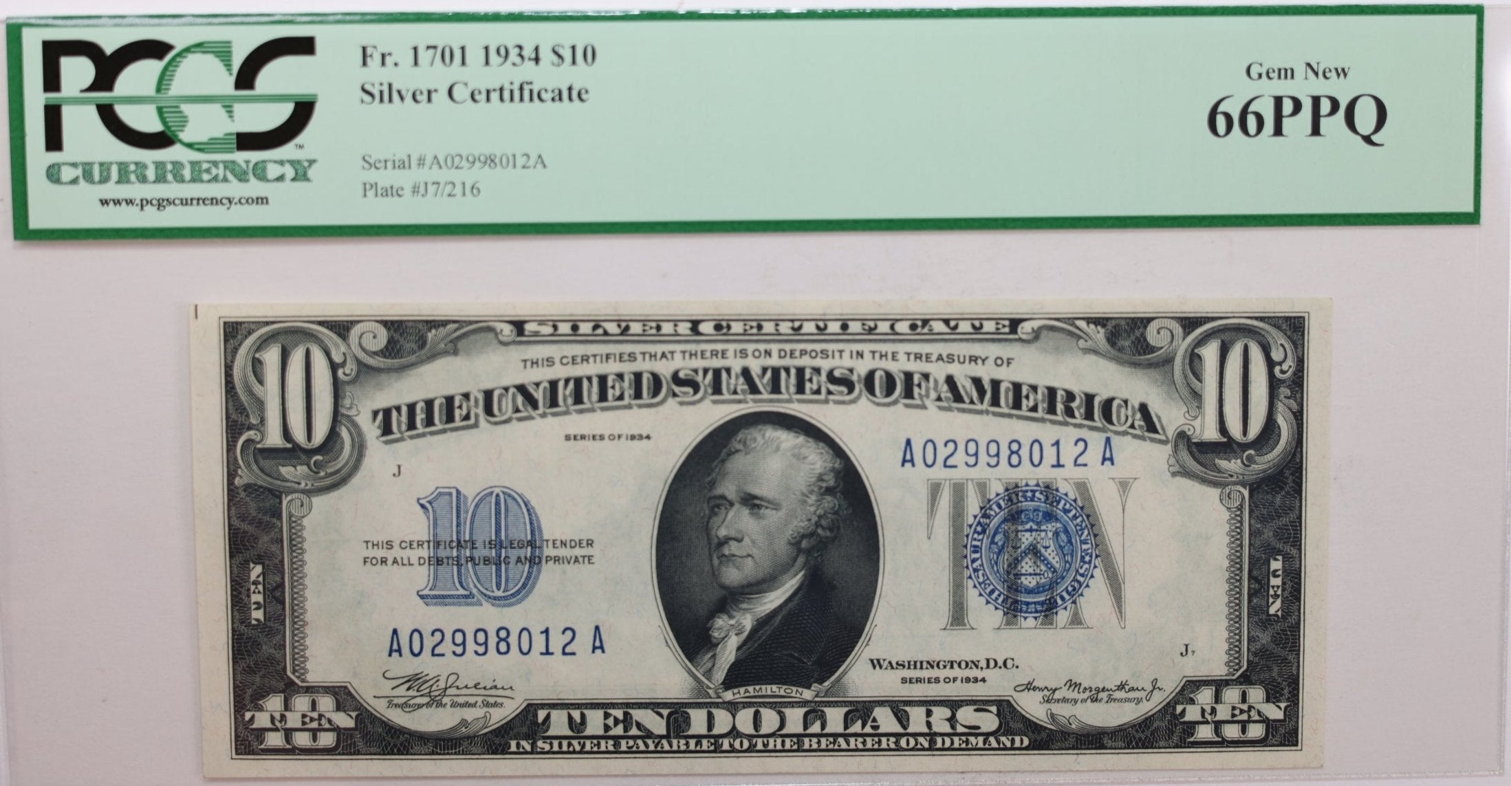1934 $10., Silver Certificate., PCGS Currency CU-66., PPQ., Store #GSSC016