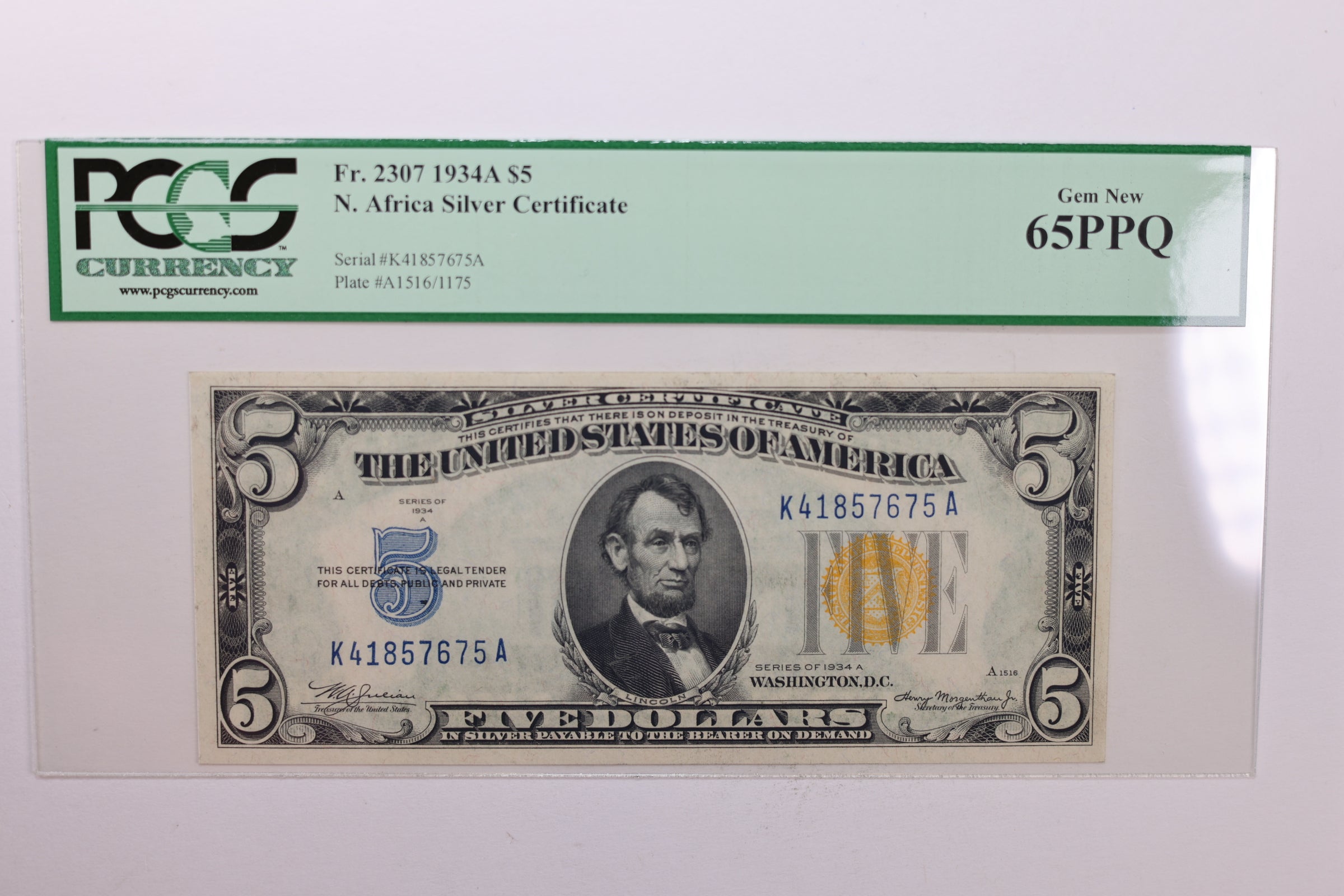 1934A $5., Silver Certificate., "North Africa"., PCGS Currency CU-65., PPQ., Store #GSSC006