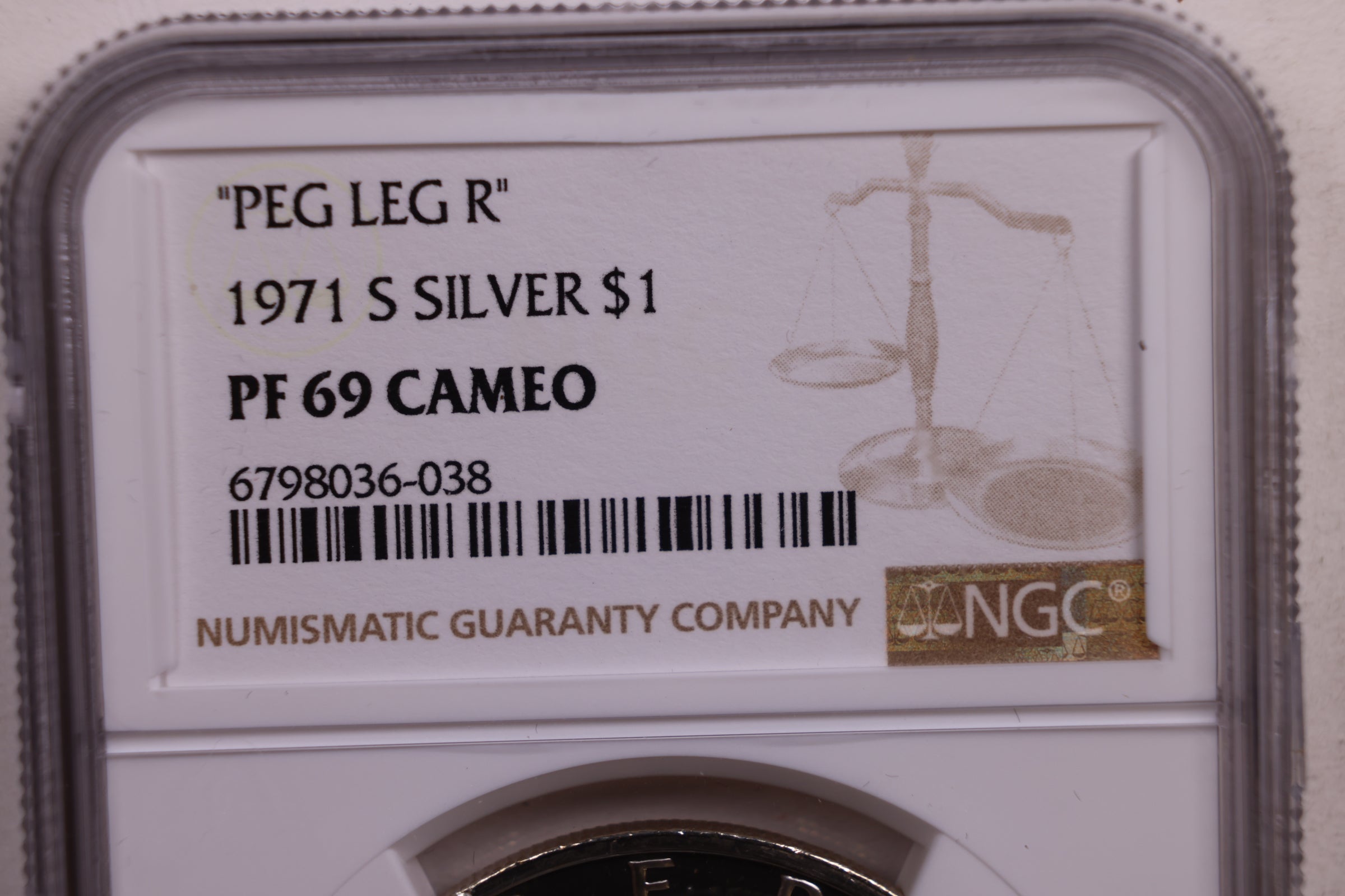 1971-S Eisenhower Silver Dollar., 'Peg Leg'., NGC PF-69, Cameo., Store