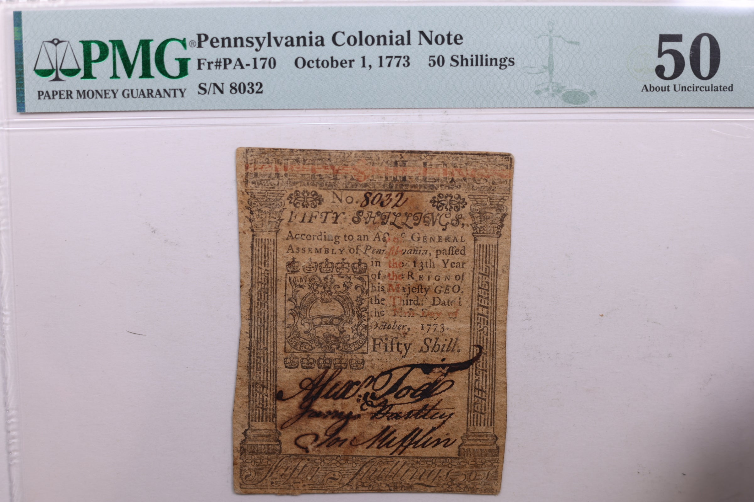 October 1, 1773. 50 Shillings, Pennsylvania Colonia Currency, PMG AU-50., #GCY0017.