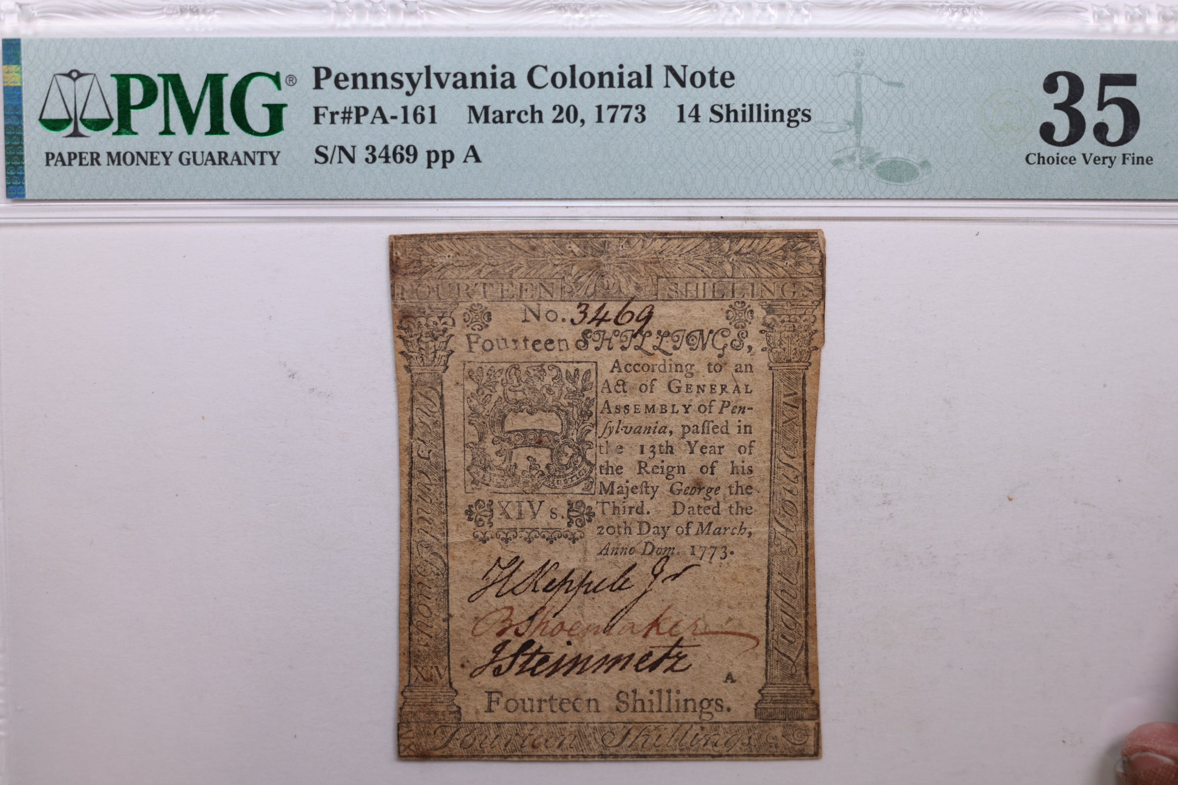 March 20, 1773. 14 Shillings. Pennsylvania Colonial Currency, PMG VF-35., #GCY0019.
