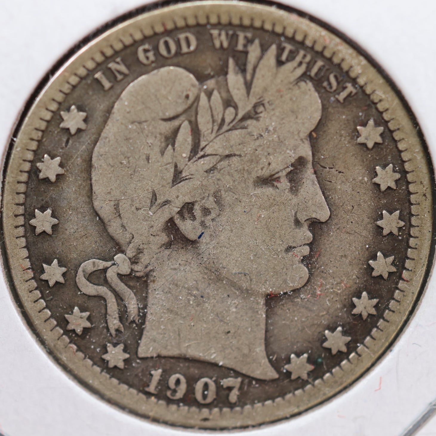 1907 Barber Quarter, Very Good Circulated Coin, Store #QR896