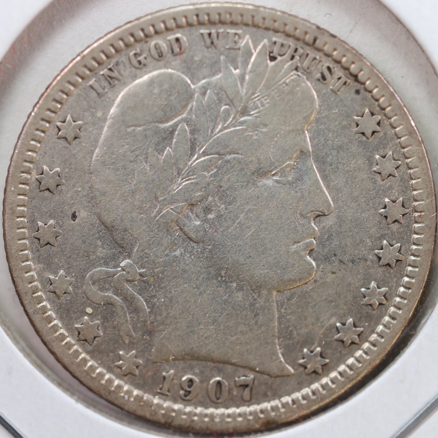 1907-D Barber Silver Quarter, Very Good Circulated Coin, details, Store #QR898