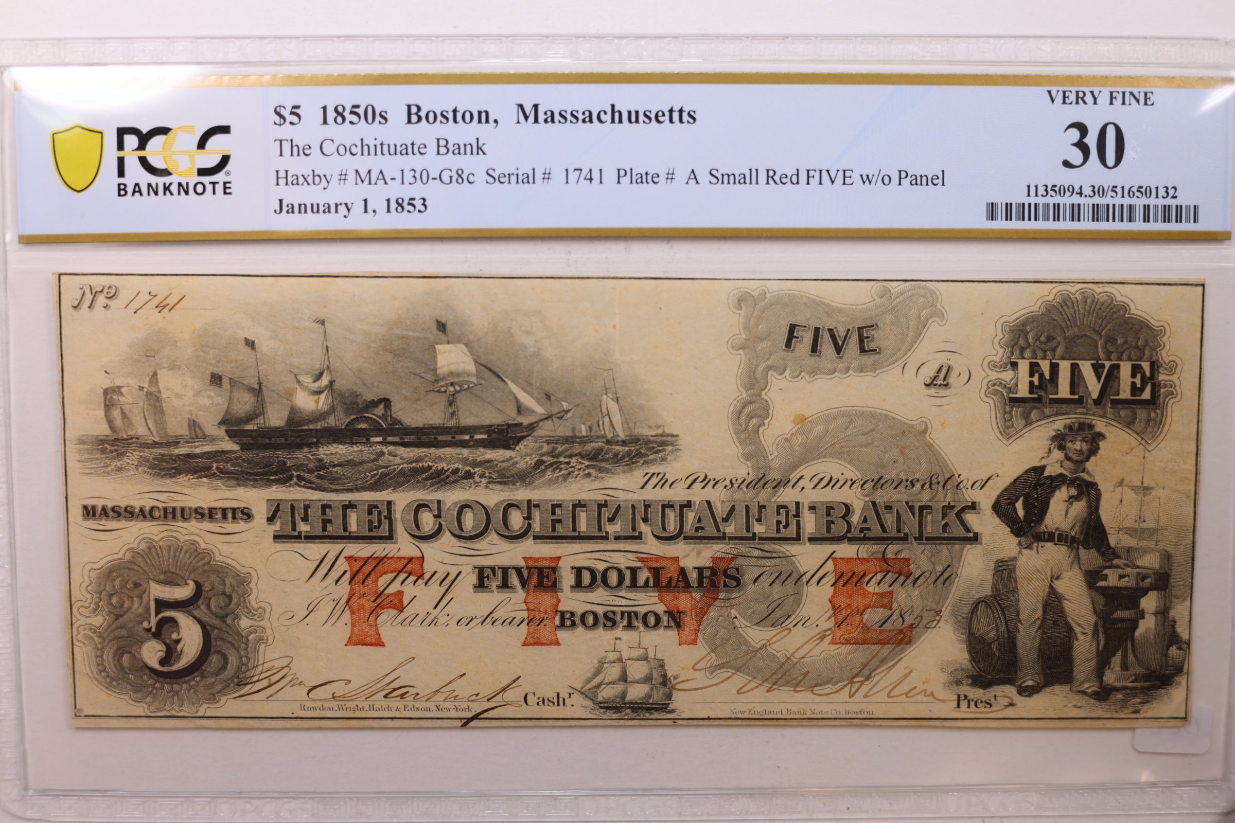 1853 $5, Boston MA, PCGS VF-30, Obsolete Currency, PCGS VF30, Store #GMA010.