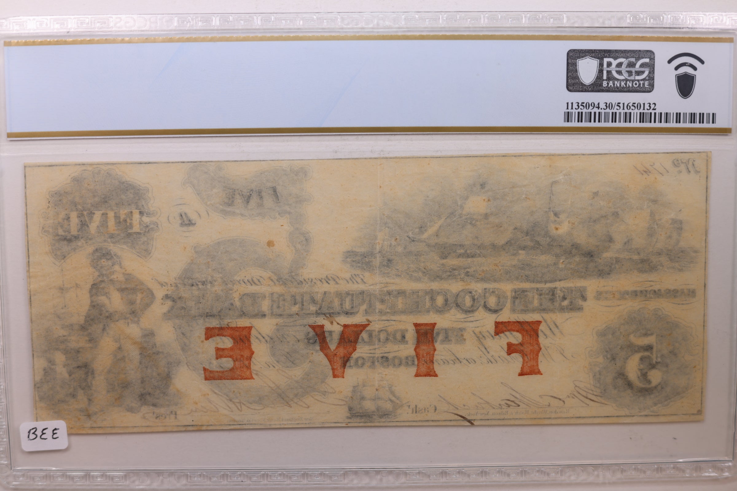 1853 $5, Boston MA, PCGS VF-30, Obsolete Currency, PCGS VF30, Store #GMA010.