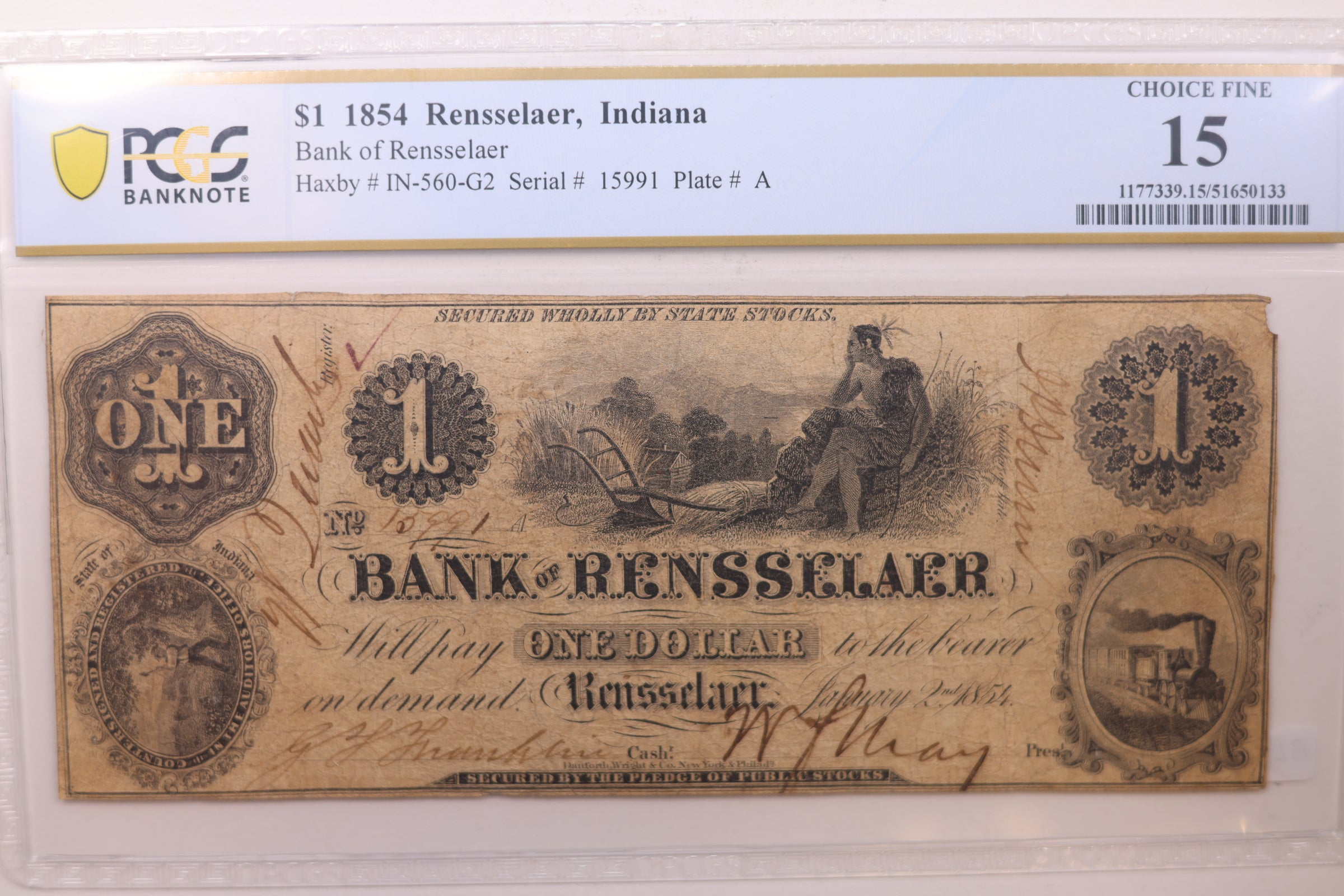 1854 $1, Rensselaer, IN., Obsolete Currency., PCGS Fine-15., STORE #GIN006.