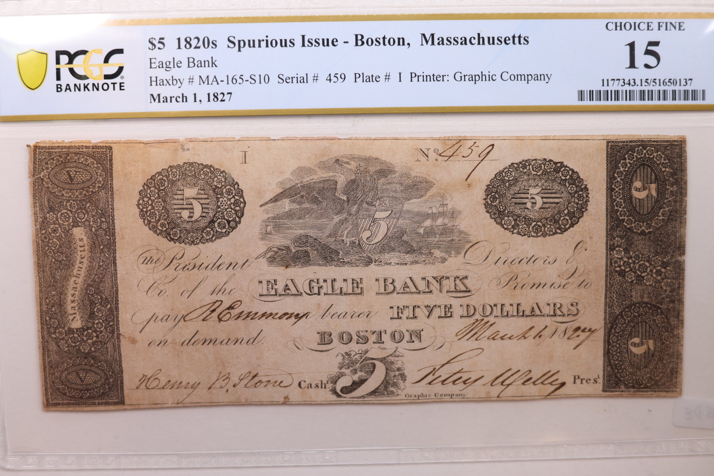 1827 $5, Boston, Massachusetts. Spurious Currency, PCGS Fine-15, Store #GMA014.