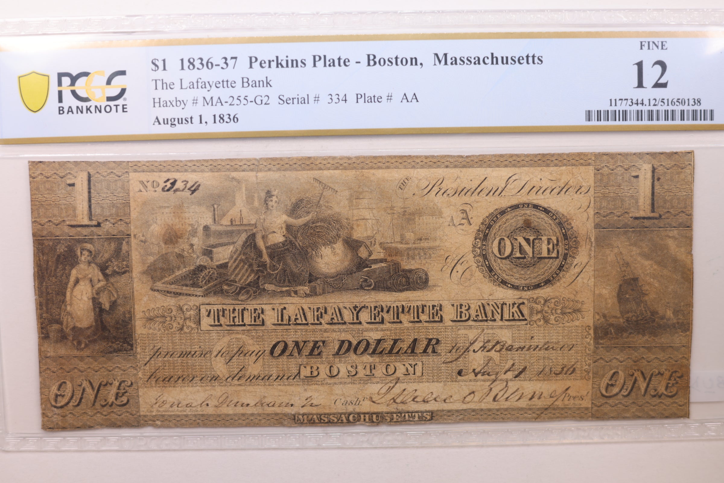 1836 $1, Boston, Massachusetts. Obsolete Currency, PCGS Fine-12, Store #GMA015.