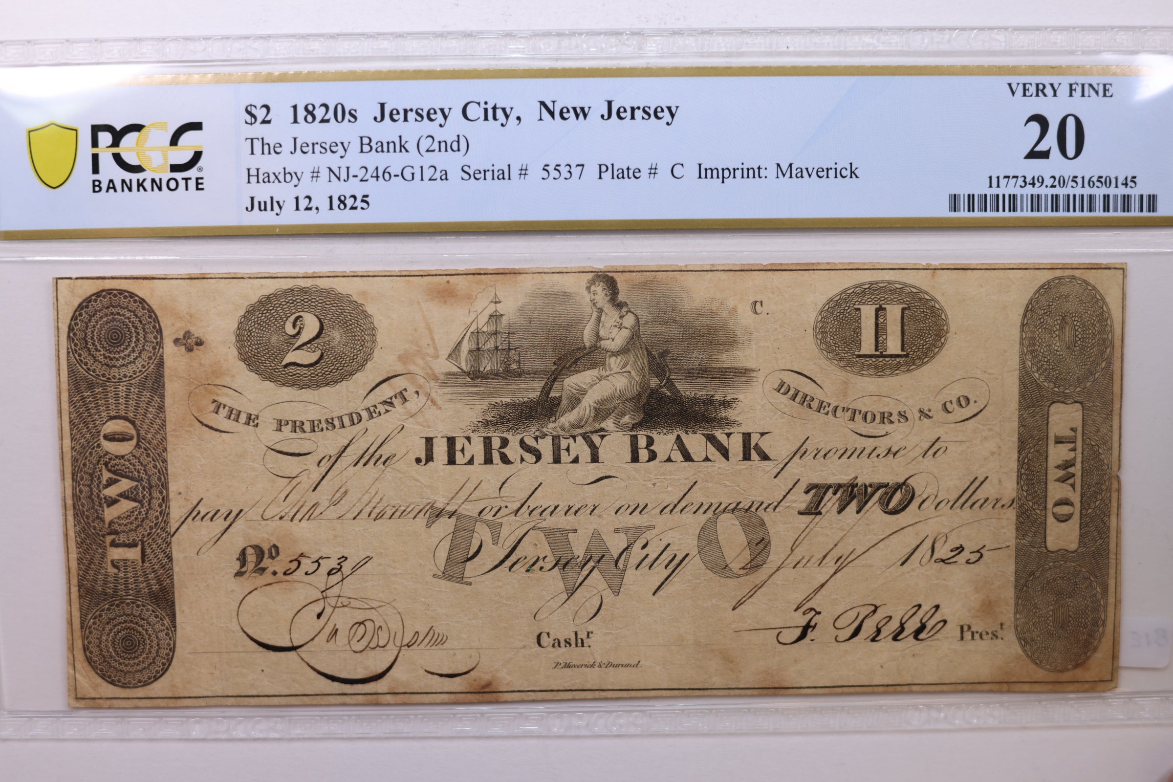 1825 $2, Jersey Bank, Jersey City, N.J. Obsolete Note, PCGS VF20, Store #GNJ016.
