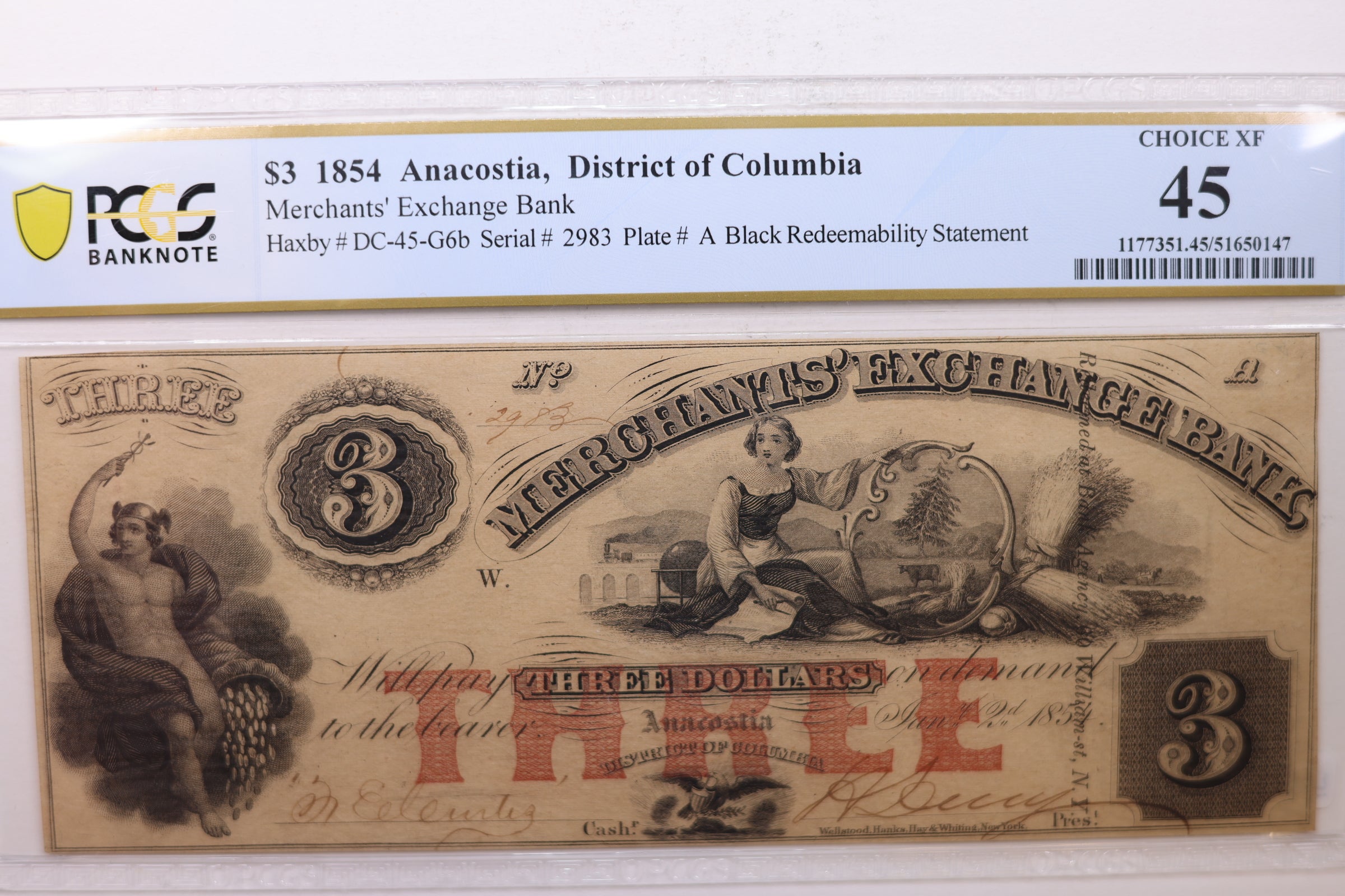 1854 $3, Anacostia, D.C., Obsolete Currency, PCGS XF-45., STORE #GDC015.