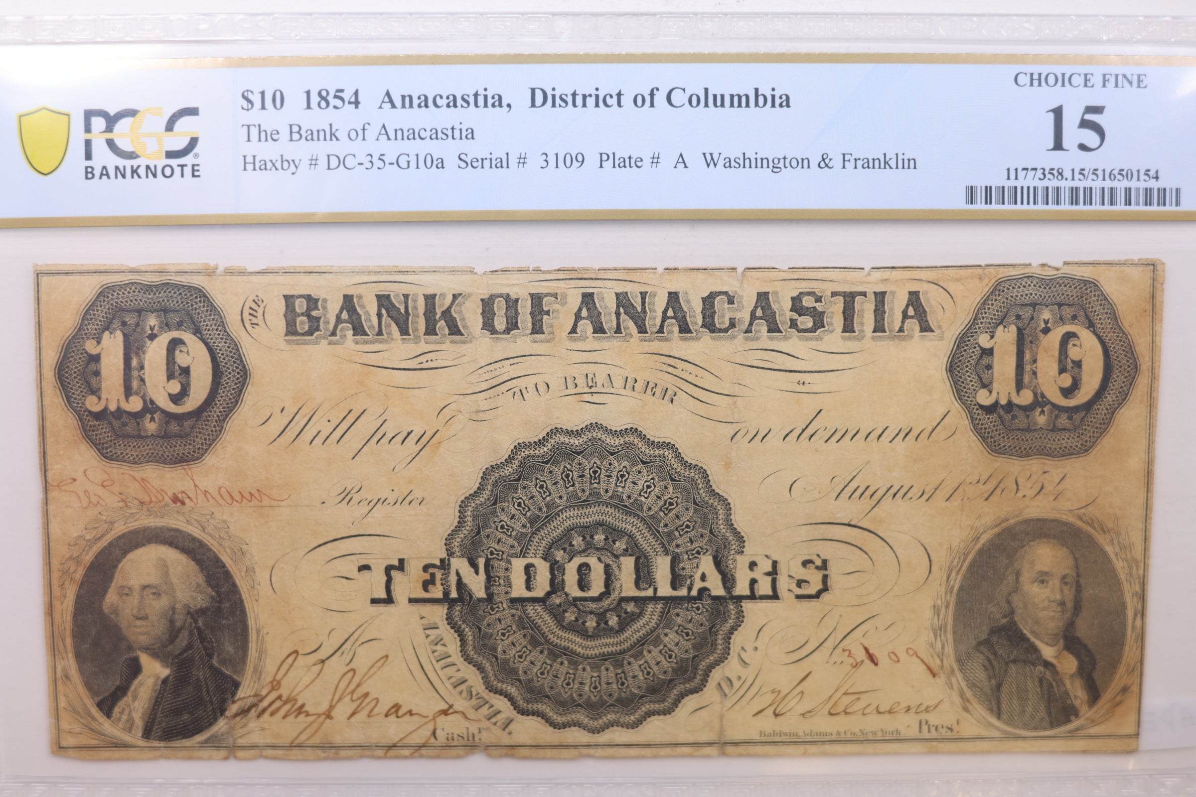 1854 $10 Bank of ANACASTIA, Washington, D.C. Obsolete, PCGS Fine-15., STORE #GDC019.