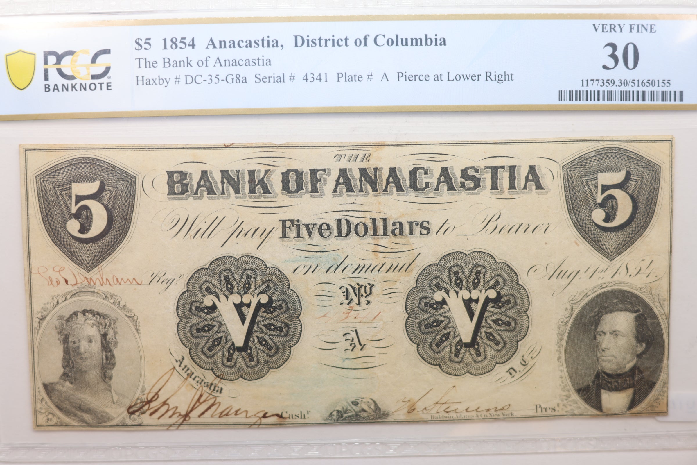 1854 $5 Bank of ANACASTIA, Washington, D.C. Obsolete, PCGS VF-30., STORE #GDC020.