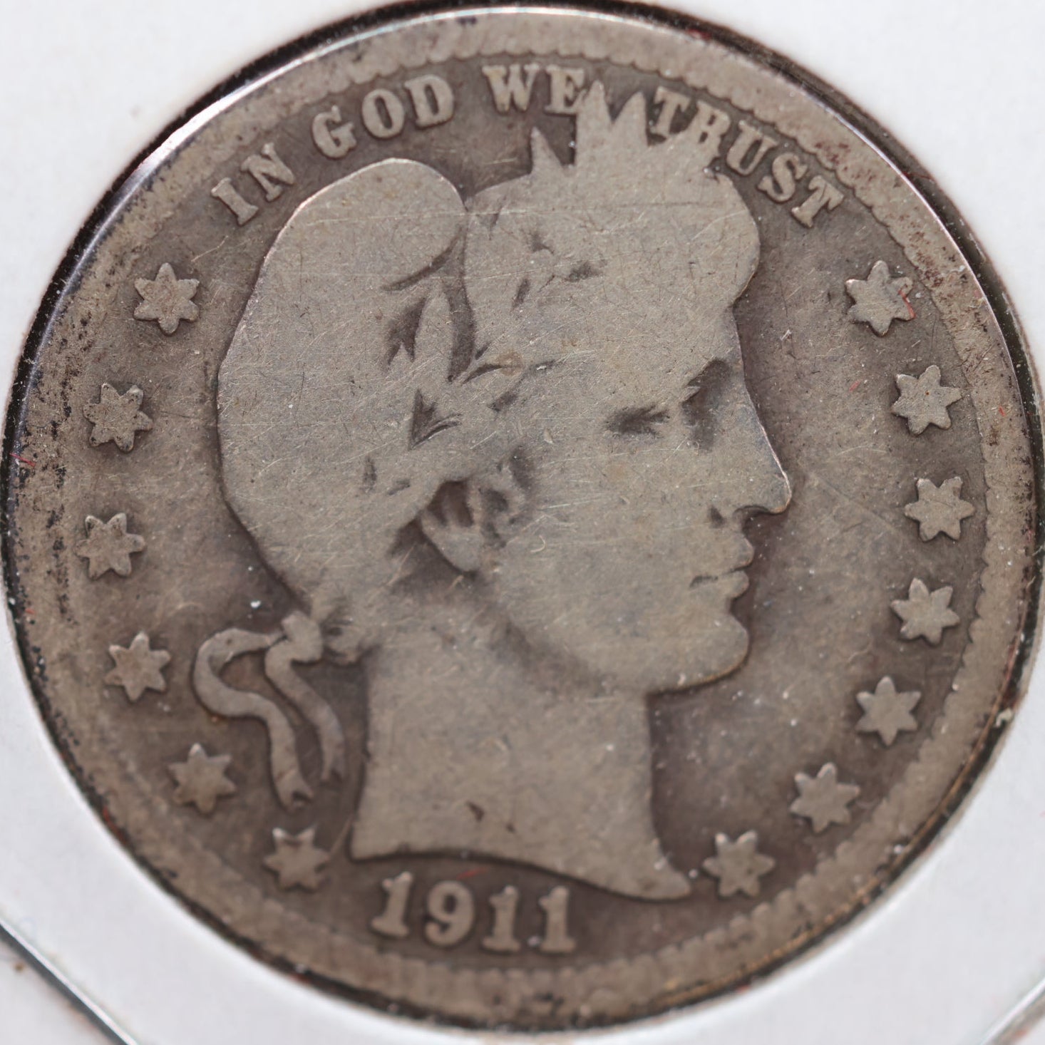 1911-S Barber Silver Quarter, Good Circulated Collectible Coin, Store #QR927.