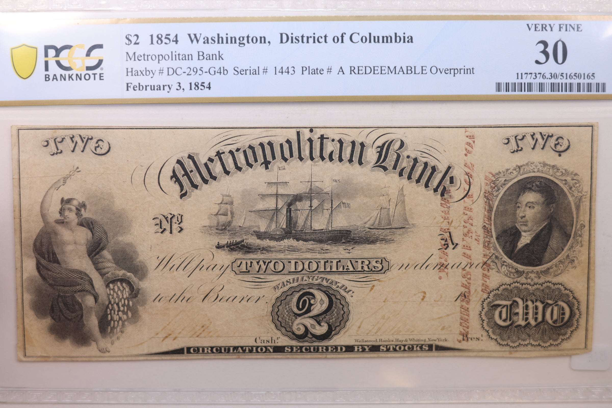 1854 $2, Metropolitan Bank, Wash D.C., Obsolete Note, PCGS VF-30, STORE #GDC029.
