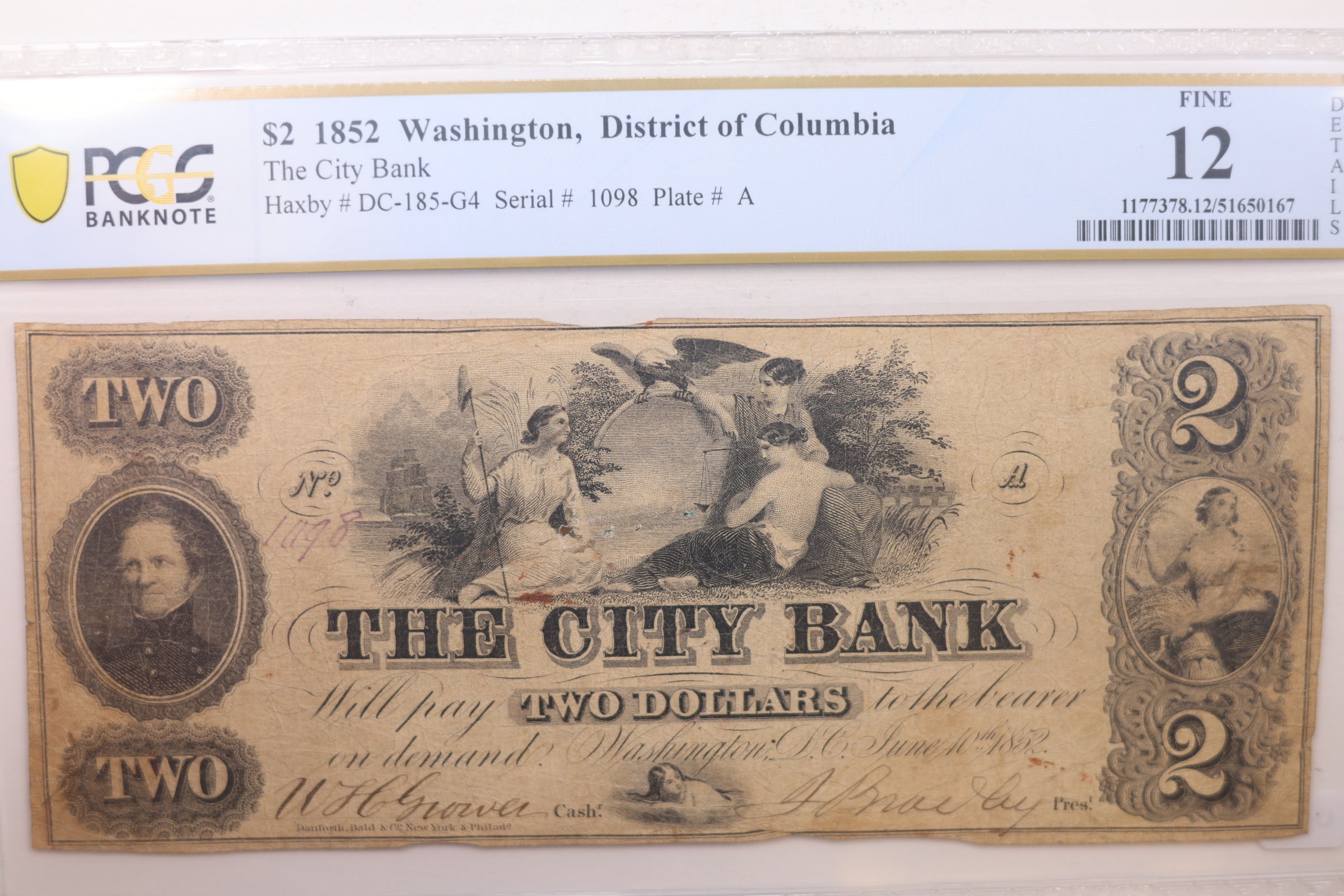 1852 $2, The City Bank, Washington D.C., Obsolete Note, PCGS F-12, STORE #GDC031.